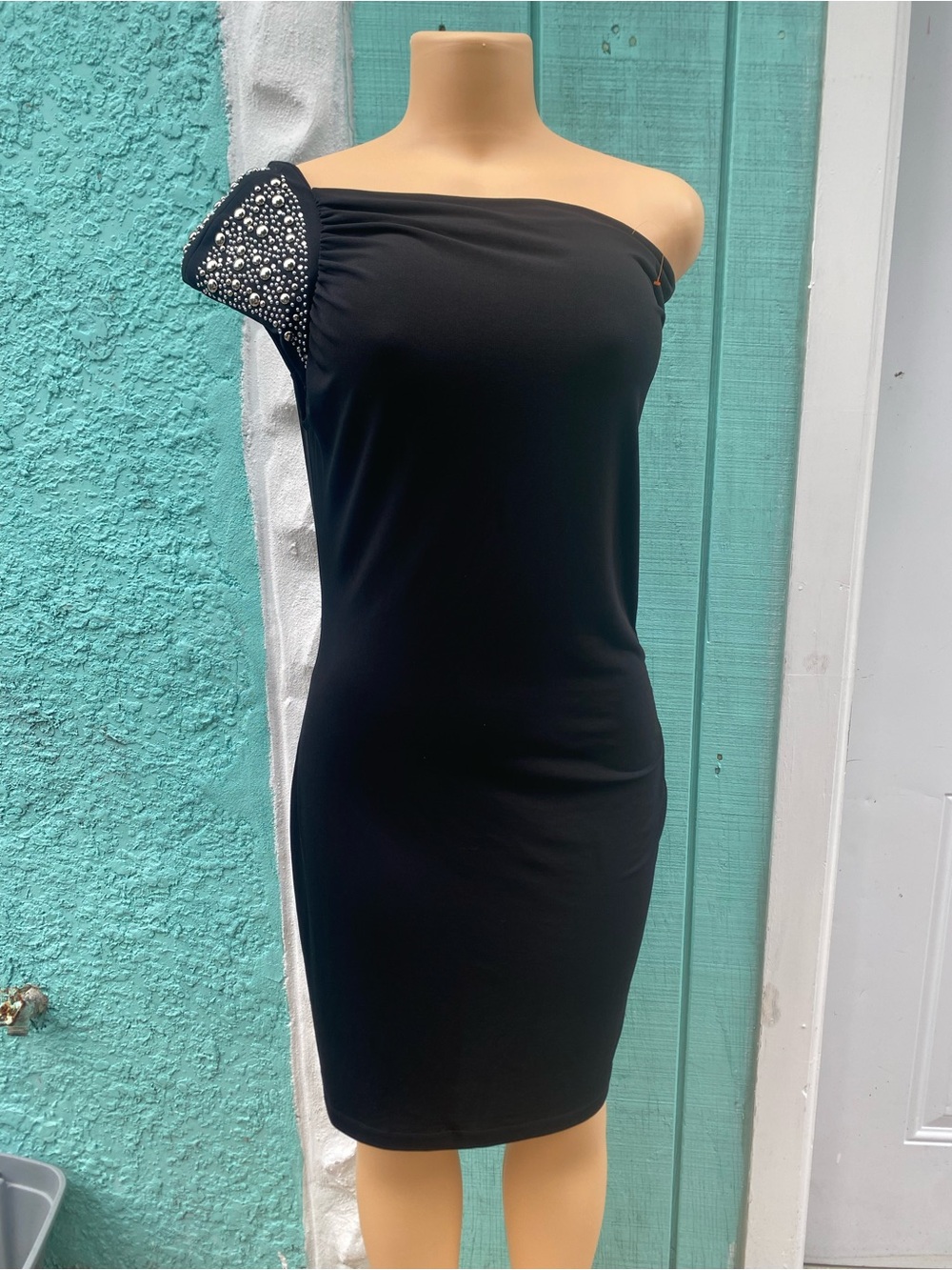 Allen B. by Allen Schwartz Black One-Shoulder Embellished Mini Dress